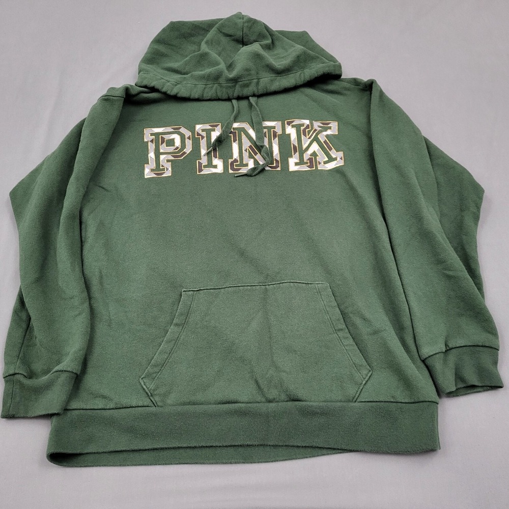 Victorias Secret PINK Sweater Womens M Pullover Hooded Hoodie Green Logo